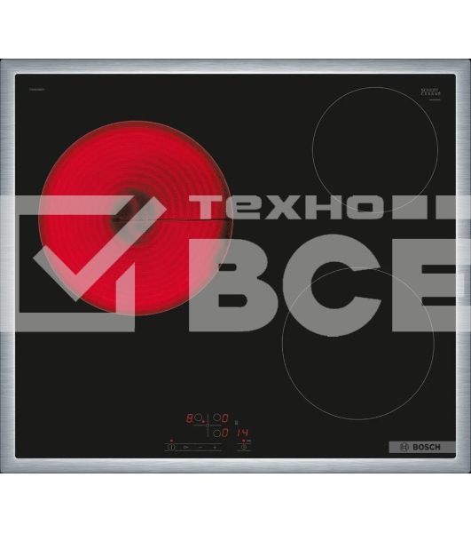 Электрическая варочная панель Bosch PKM645BB2E, стеклокерамическая поверхность, независимая, рамка-сталь, черный 4.8x58.3x51.3