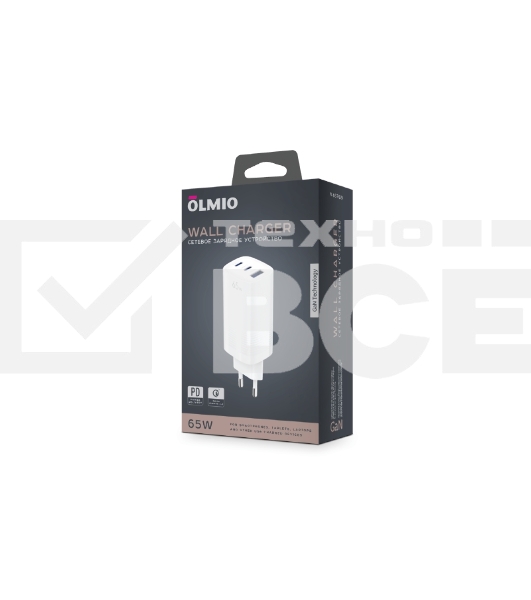 Сетевое зарядное устройство OLMIO 2Type-C/USB, 65W, 6A, QuickCharge3.0, PowerDelivery3.0, GAN
