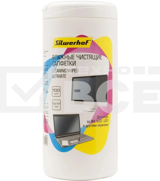 Салфетки Silwerhof Ultimate для экранов мониторов/плазменных/ЖК телевизоров/ноутбуков туба 100 шт влажных