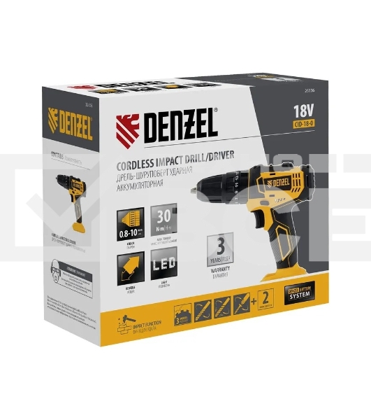 Дрель-шуруповерт Denzel CID-18-0, Аккумуляторная, 18В, Без АКБ и ЗУ, Ударная, Кейс
