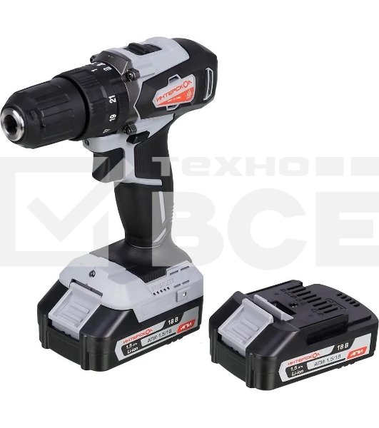 Дрель-шуруповерт аккумуляторная ИНТЕРСКОЛ ДАУ-13/18ВК, Аккумуляторный, 18В, 2 АКБ, Ударный, Кейс