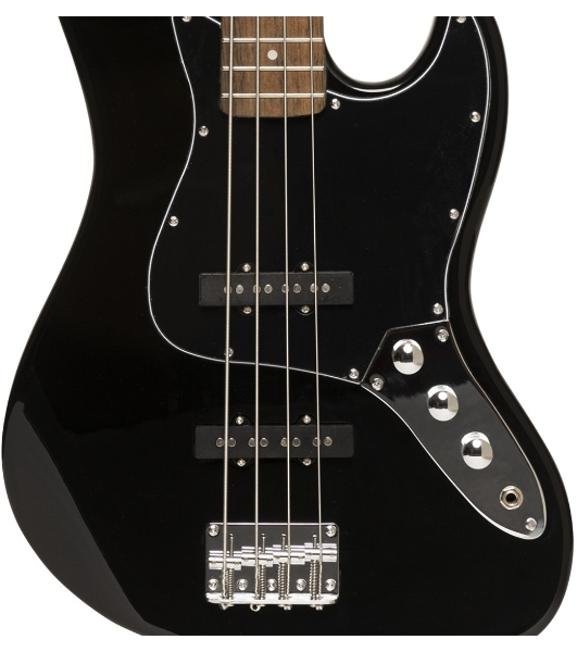 Бас-гитара STAGG SBJ-30 BLK 4-х струнная форма Jazz Bass, корпус павловния, гриф клен, накладка грифа палисандр, 20 ладов, мензура 867 мм, колки никелированные, бридж JB Classic, звукосниматели 2xJB, регуляторы 2x громкости, 1x тона, цвет черный