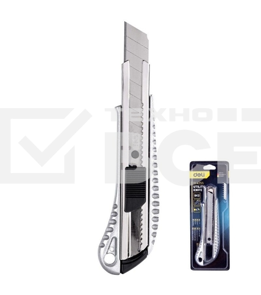 Универсальный нож Deli DL4255 18мм Лезвие SK2. Алюминиевый корпус. Общая длина: 155 мм.