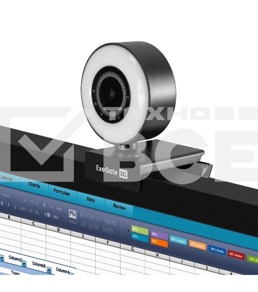 Веб-камера с подсветкой ExeGate eStudio EW-721 2K AF (5Мп, 2560х1440, 1440P, 30fps, автоматический фокус, подсветка, 4-линзовый объектив, стерео микрофон с шумоподавлением, универсальное крепление, отверстие под штатив, USB, кабель 1,5 м, Windows 7/8/10/1