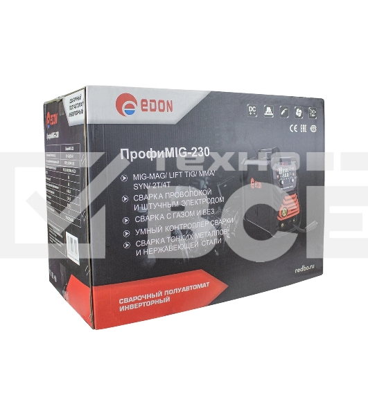 Сварочный аппарат полуавтоматический Edon ПрофиMIG-230 MIG 9,4кВт 20-230А, MMA 10,8кВт 20-230А, раб.цикл 60%, КПД 85%, диаметр: электроды 2-4мм, проволока 0,8-1мм, MIG-MAG/LIFT TIG/MMA/SYN/2T/4T