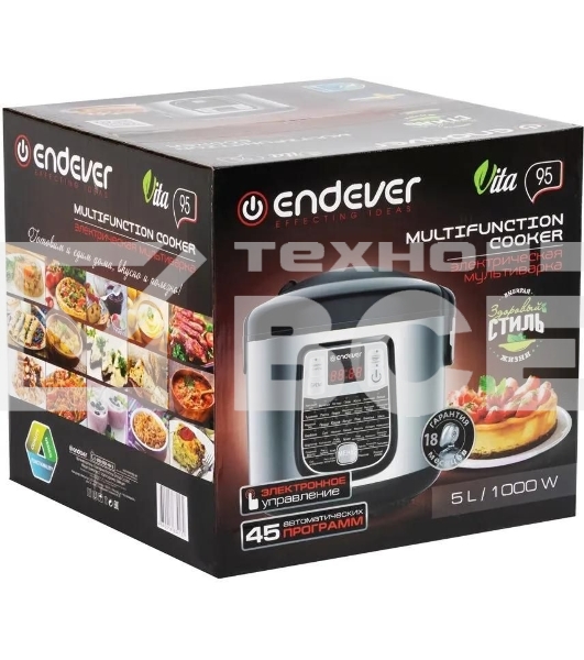 Мультиварка Endever Vita-95, мощность 1000 Вт, черный/стальной, емкость 5л, 45 авторежимов работы, книга рецептов