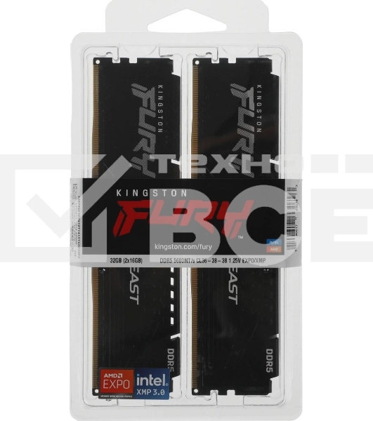 Оперативная память Kingston Fury Beast, DDR5, 32GB (2x16GB), 5600MHz, CL36, DIMM, с радиаторами, черный