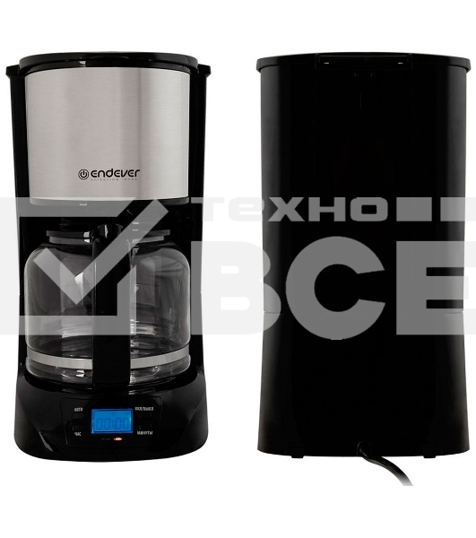 Кофеварка капельного типа Endever Costa-1044, мощность 800 Вт, цвет-стальной/черный, объем 1,5л, LCD дисплей, по 4 шт/уп