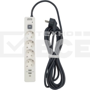 Сетевой фильтр Powercom SP-01 USB2A1CW 3,0М 3.0 м, 4 розетки, белый/серый, коробка