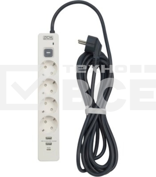 Сетевой фильтр Powercom SP-01 USB2A1CW 3,0М 3.0 м, 4 розетки, белый/серый, коробка