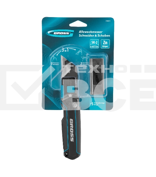 Нож-скребок складной Gross 78891, 19 мм, сменное лезвие, SK2, 5 запас. лезвий, алюмин. корпус, клипса