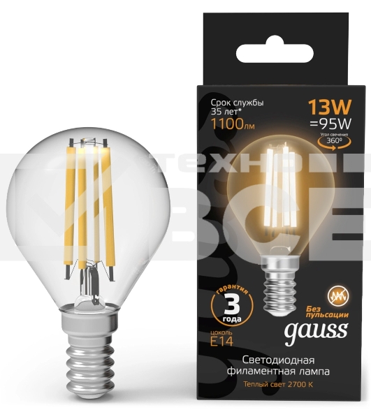 Лампа филам. Gauss Filament 13Вт цок.:E14 шар св.свеч.бел.теп. (упак.:10шт) (105801113)