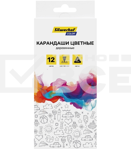 Карандаши цветные Silwerhof Color 2.65 мм, трехгранный профиль, дерево, ассорти, 12 цветов, коробка с европодвесом