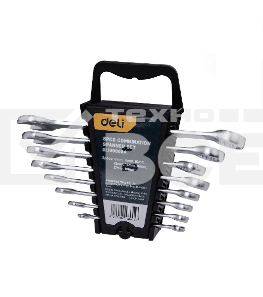 Набор комбинированных гаечных ключей 8 шт Deli DL130008A Спецификация: 6 мм, 8 мм, 10 мм, 12 мм, 14 мм, 15 мм, 17 мм, 19 мм. Матовая хромированная поверхность. Пластиковая упаковка.