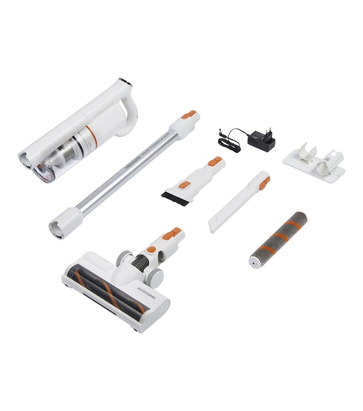 Пылесос вертикальный Redmond VH1318 белый/оранжевый, питание от аккумулятора, 200 Вт, уборка сухая, пылесборник 0,3 л