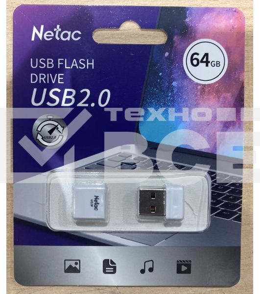 Флеш диск Netac U116 64Gb <NT03U116N-064G-20WH>, USB2.0, миниатюрная пластиковая белая