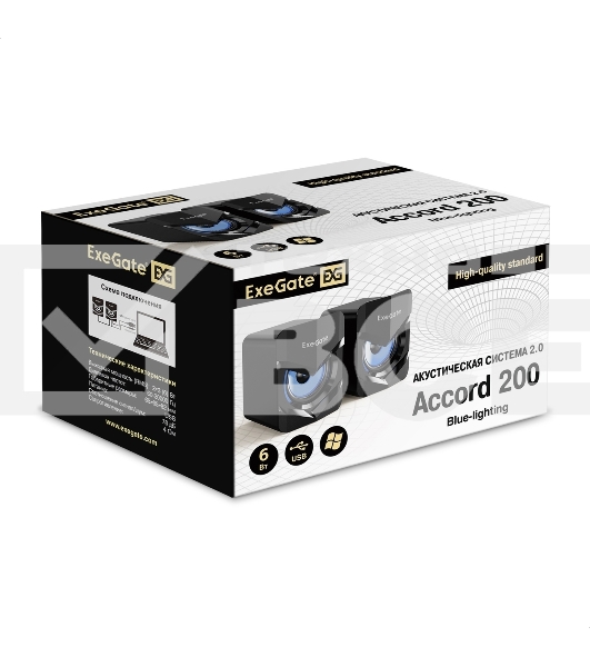 Акустическая система 2.0 ExeGate EX289685RUS Accord 200 (питание USB, 2х3Вт (6Вт RMS), 60-20000Гц, черный, синяя подсветка)