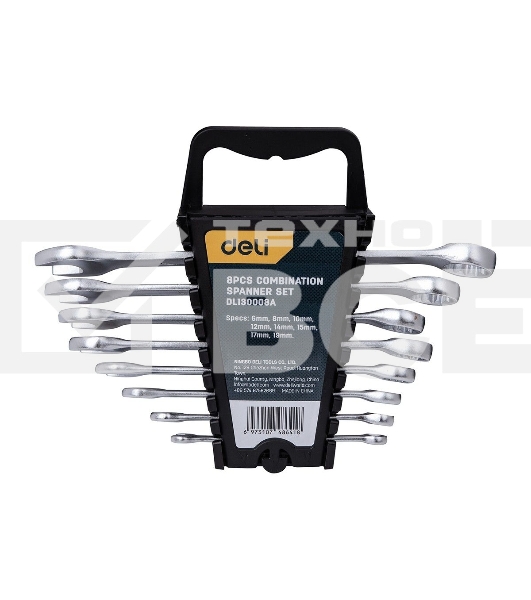 Набор комбинированных гаечных ключей 8 шт Deli DL130008A Спецификация: 6 мм, 8 мм, 10 мм, 12 мм, 14 мм, 15 мм, 17 мм, 19 мм. Матовая хромированная поверхность. Пластиковая упаковка.