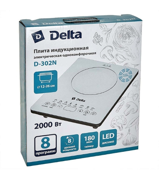 Плита настольная электрическая DELTA D-302N белый, 2 кВт, индукция, конфорки - 1, стеклокерамика, сенсор