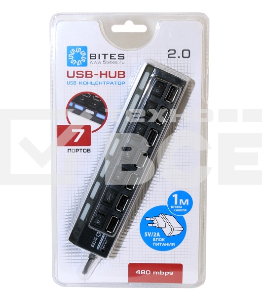USB-концентратор USB 5bites HB27-203PBK 7*USB2.0 / БП 5В-2А / 1M / черный