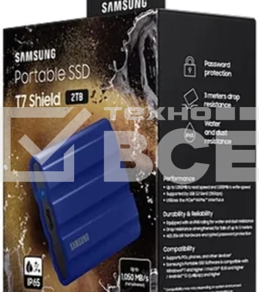 Накопитель  Samsung External SSD T7 Shield, 2TB, Type C-to-C/A, USB 3.2 Gen2, R/W 1050/1000MB/s, IP65, 88x59x13mm, 98g, Blue (12 мес.)