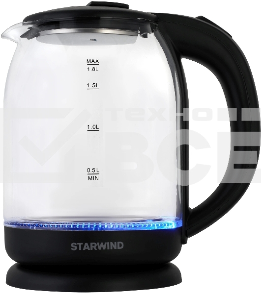 Чайник электрический Starwind SKG1779 1.8л. 1700Вт прозрачный/черный корпус: стекло