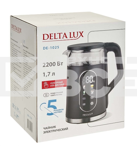 Чайник DELTA LUX DE-1025 черный 2,2кВт, 1,7 л, LC