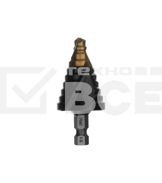 Сверло ступенчатое Denzel 9-12-15-18-21-24-27-30-33-36 мм, Р6М5, 6-гр. хвостовик 723605