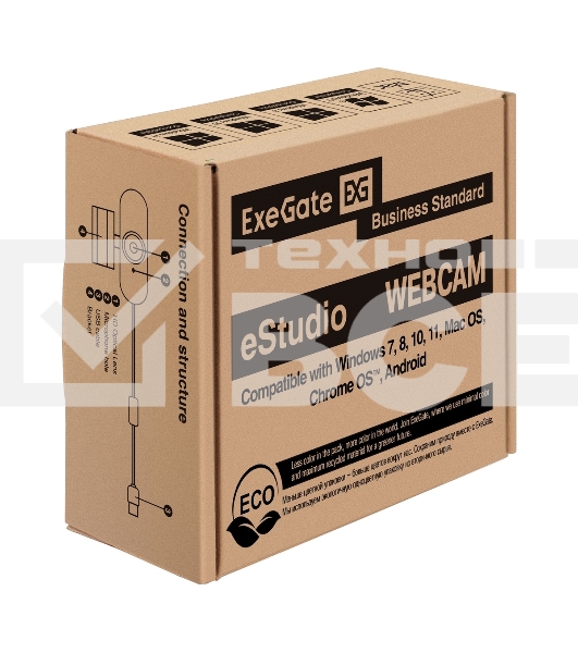 Веб-камера с подсветкой ExeGate eStudio EW-721 2K AF (5Мп, 2560х1440, 1440P, 30fps, автоматический фокус, подсветка, 4-линзовый объектив, стерео микрофон с шумоподавлением, универсальное крепление, отверстие под штатив, USB, кабель 1,5 м, Windows 7/8/10/1