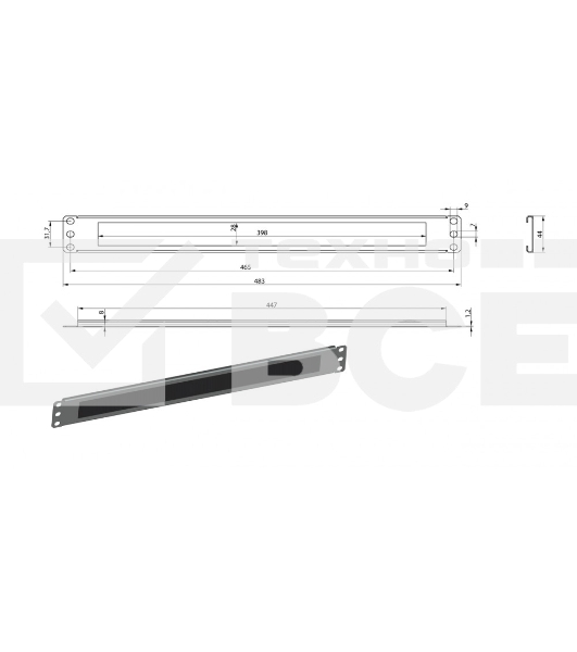 Фальш-панель на 1U Hyperline BPB19-1U-RAL9004 (BPB19-1U-RAL9005) с щеточным вводом, цвет черный (RAL 9004/RAL 9005)