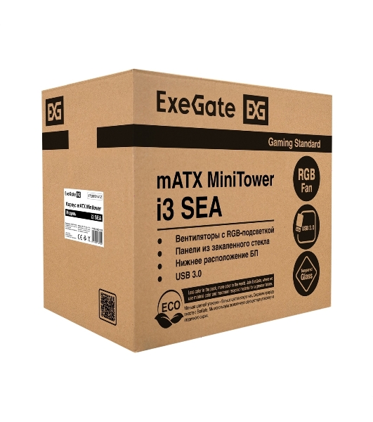 Компьютерный корпус Minitower ExeGate i3 SEA LE-NPX400 (mATX, БП 400NPX, 1*USB+1*USB 3.0, HD аудио, черный, передняя и боковая панели - закаленное стекло)