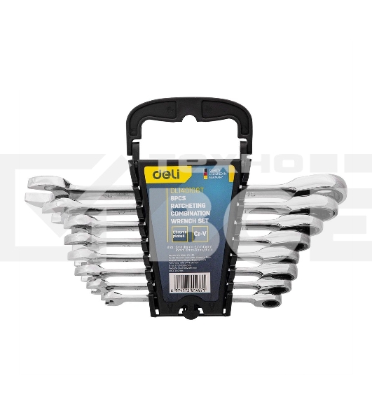 Набор комбинированных ключей с трещоткой 8 шт Deli DL140108T Спецификация: 8,10,12,13,14,15,17,19мм. Сталь 40 Cr. Трещетка 50BV30 72Т.