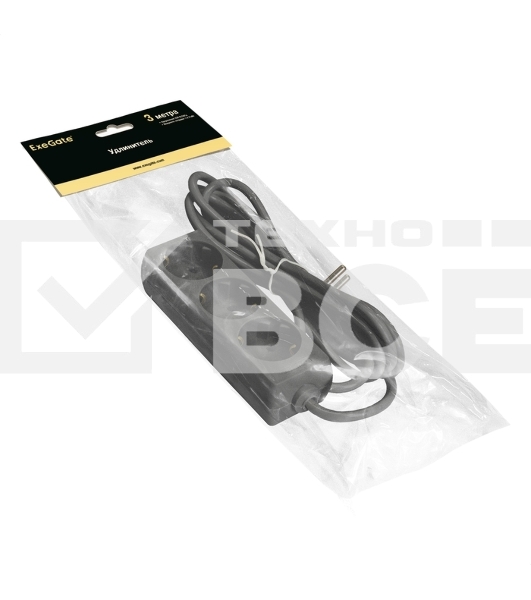 Удлинитель ExeGate ECE-3-3B (EX285804RUS ), черный, 3 м, евровилка с заземлением, 3 евророзетки с заземлением, 2200 Вт