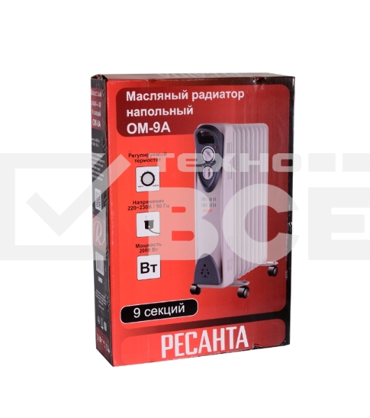 Масляный обогреватель Ресанта ОМ-9А (9 секций), белый, 2000 Вт, 20 м2, термостат 67/3/16