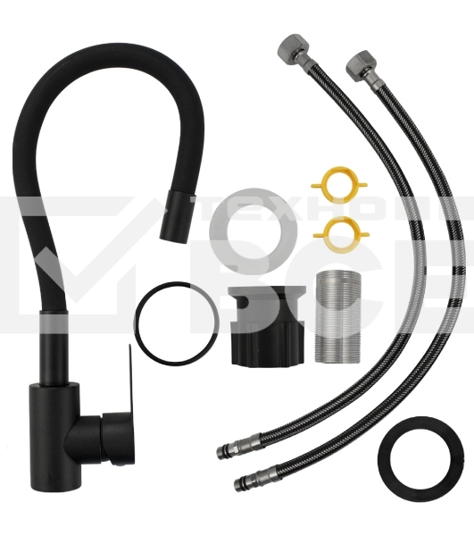 Смеситель кухонный BRIMIX 9318 гибкий излив, черного цвета, из нержавеющей стали марки 304