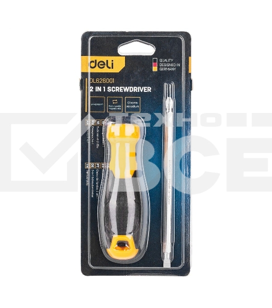 Двухсторонняя отвертка Deli DL626001 PH2+SL6x100мм Спецификация продукта.: 6/PH2x100мм. Материал хвостовика: Cr-V. Длина: 210 мм. Длина: 100 мм. Диаметр хвостовика: 6,3 мм.