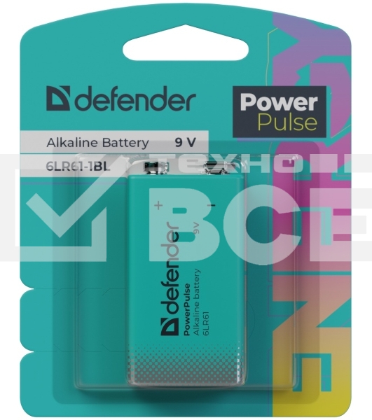 Батарейка алкалиновая Defender 6LR61-1BL (Крона) 9V, блистер, 1 шт., PowerPulse