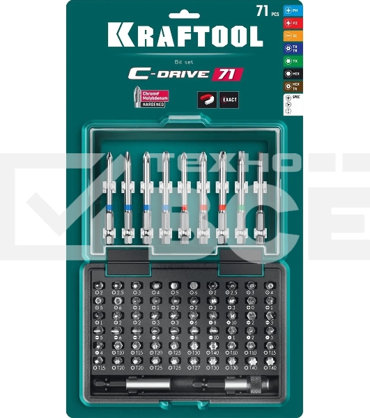 Набор KRAFTOOL: Биты 'C-Drive 71' многофункциональные, CR-MO, адаптеры в ударопрочном компактном боксе, цветная маркировка типов шлицов. 71 предмет