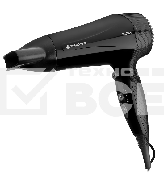 Фен настенный BRAYER BR3021BK, 2000, 2 скор, 2 реж нагрева, концентратор,  холод, 1,8 м,