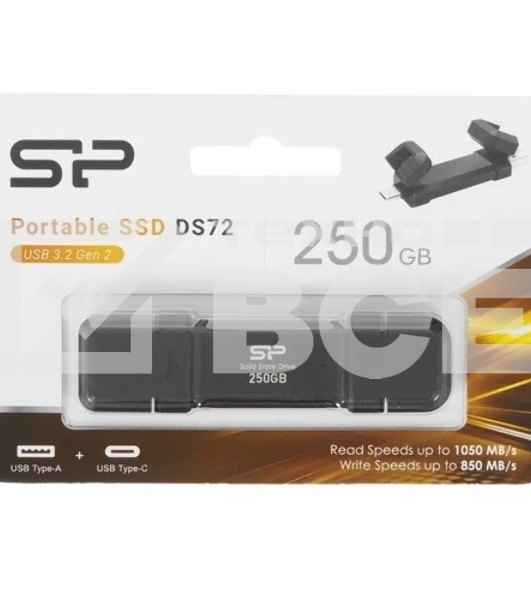 Флешка USB Silicon Power R/W DS72, 250Gb USB 3.2/Type-C, Черный, read/write 1050/850Mb/s
