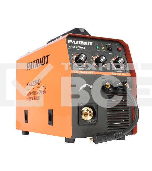 Полуавтомат сварочный инверторный PATRIOT WMA 205MQ MIG/MAG/MMA, полуавтоматическая сварка в среде газа (MIG/MAG) стальной и флюсовой проволокой 0.6/0.8 мм, сварка электродом (MMA) до 4мм, сварочный ток в режиме MIG: 40-200А; сварочный ток в режиме MMA: 4