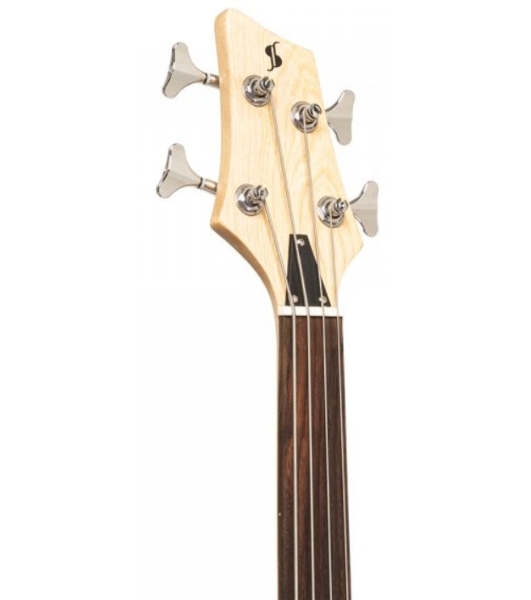 Бас-гитара STAGG SBF-40 FL NAT 4-х струнная форма Fusion, безладовая, корпус массив ясеня, гриф твердый клен, накладка грифа палисандр, мензура 867 мм, колки литые, звукосниматели 1xJB, 1xMM, регуляторы 2x громкости, 1x тона, цвет натуральный