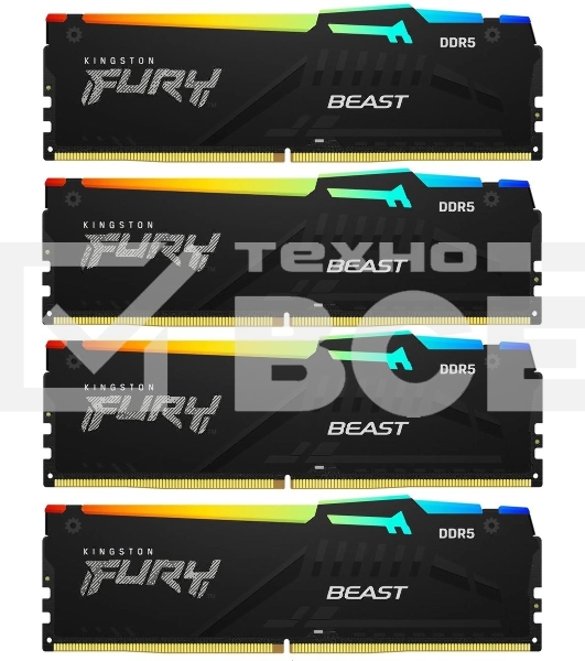 Оперативная память Kingston Fury Beast RGB, DDR5, 64Gb (4x16 GB), 6000 MHz, CL40, радиатор, RGB, черный