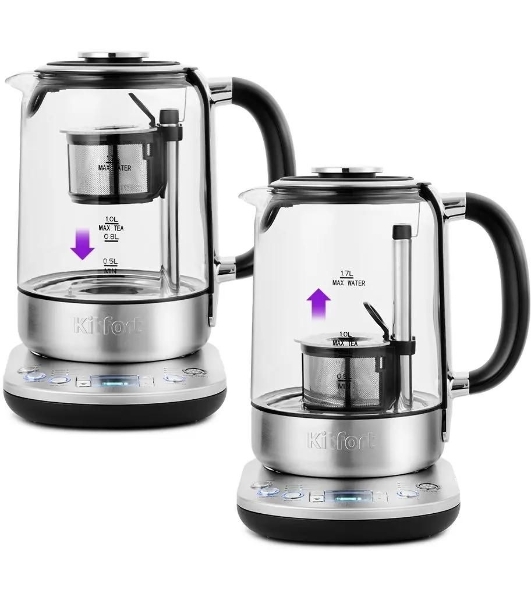 Чайник электрический Kitfort KT-6116 1.7 л, 2200 Вт, нержавеющая сталь/черный (корпус: стекло)