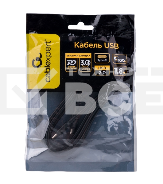 Кабель USB2.0 Cablexpert CC-USB2-CMCM-100-1.8M, Type-C/Type-C, 5A, 100Вт, PD/QC3.0, медь, 1.8м, черный, пакет