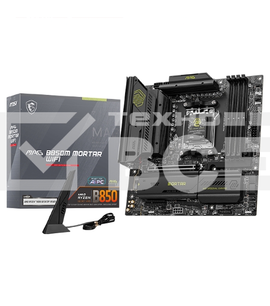 Материнская плата MSI MAG B850M MORTAR WIFI, AM5, AMD B850, 4xDDR5, 4xSATA, 3xM.2, 1xPCIe 5.0 x16, 1xPCIe 4.0 x4, 1xHDMI, 1x5Gb LAN, Wi-Fi 7, Bluetooth 5.4, 1xUSB-C 40Gbps, 1xUSB-C 20Gbps, 5xUSB-A 10Gbps, 2xUSB-A 5Gbps, 4xUSB-A 2.0, 1xS/PDIF, 2x3.5 мм, 7.