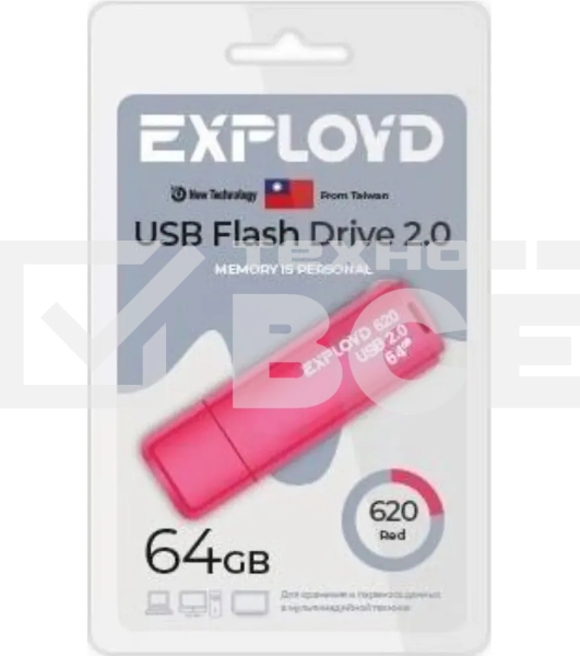 Флешка USB Exployd 620 Red (EX-64Gb-620-Red), 64Gb, USB 2.0, R/W 15/8, красный
