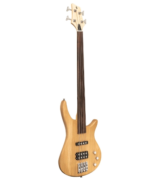 Бас-гитара STAGG SBF-40 FL NAT 4-х струнная форма Fusion, безладовая, корпус массив ясеня, гриф твердый клен, накладка грифа палисандр, мензура 867 мм, колки литые, звукосниматели 1xJB, 1xMM, регуляторы 2x громкости, 1x тона, цвет натуральный