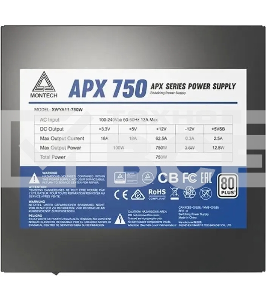 Блок питания Montech APX 750 (XWYA11-750W) 750 Вт, 80 PLUS WHITE, 120 мм, немодульный, чёрный