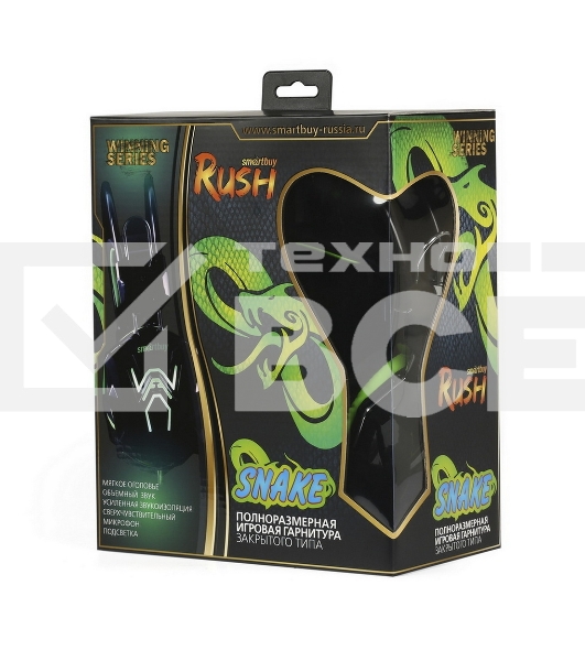 Гарнитура проводная игровая RUSH COBRA, динамики 40мм, велюровые амбушюры, черный/зеленый (SBHG-1200)